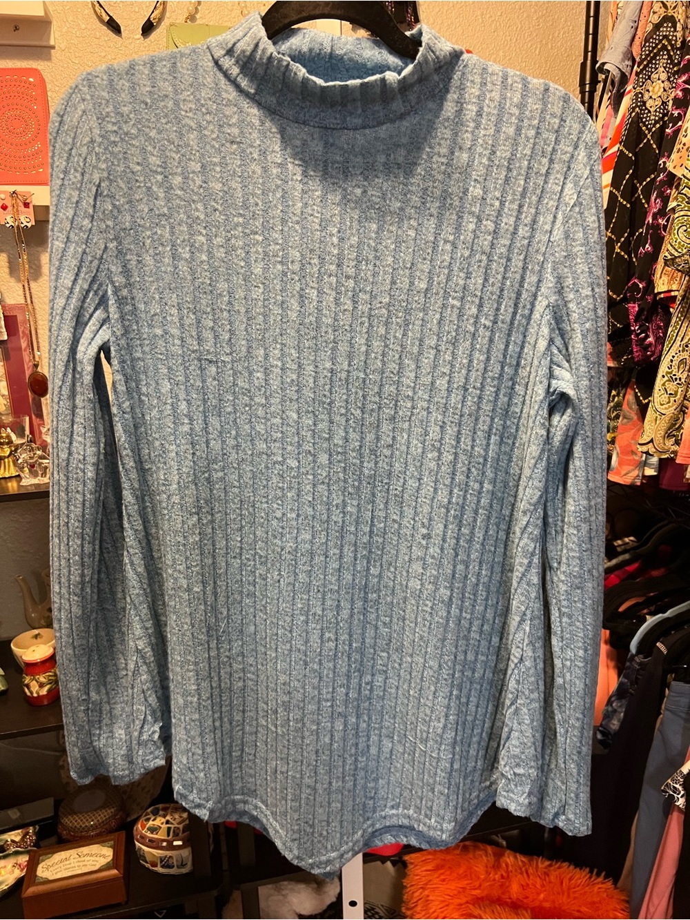 Light Blue Ribbed Mock-Neck Light Weight Soft Sweater